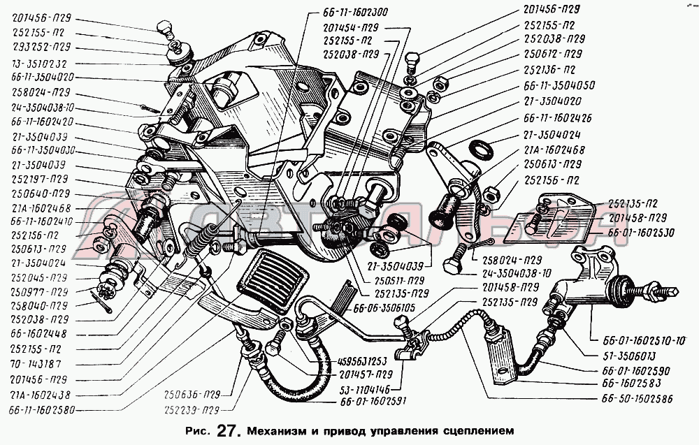 Механизм и привод управления сцеплением ГАЗ-66 (Каталог 1996 г.)