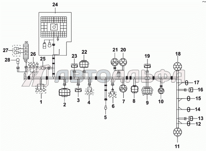 Схема пучка проводов на раме DongFeng DFL-3251A