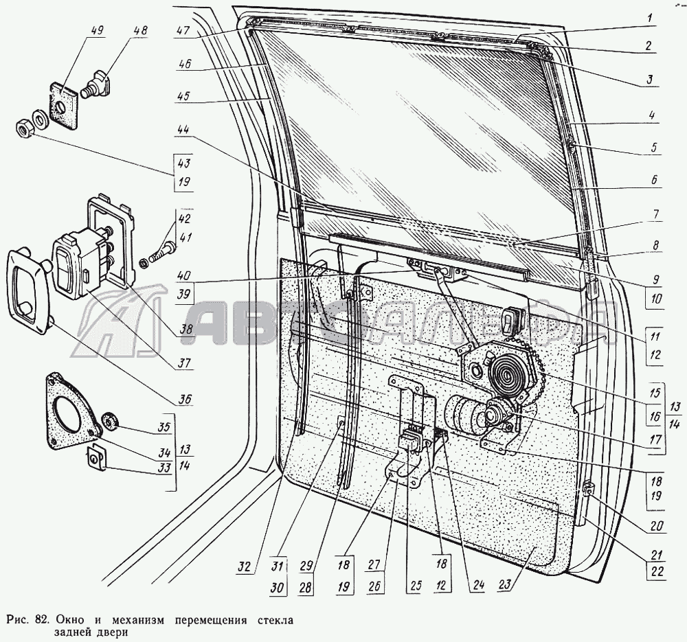 Окно и механизм перемещения стекла задней двери ГАЗ 14 (Чайка)
