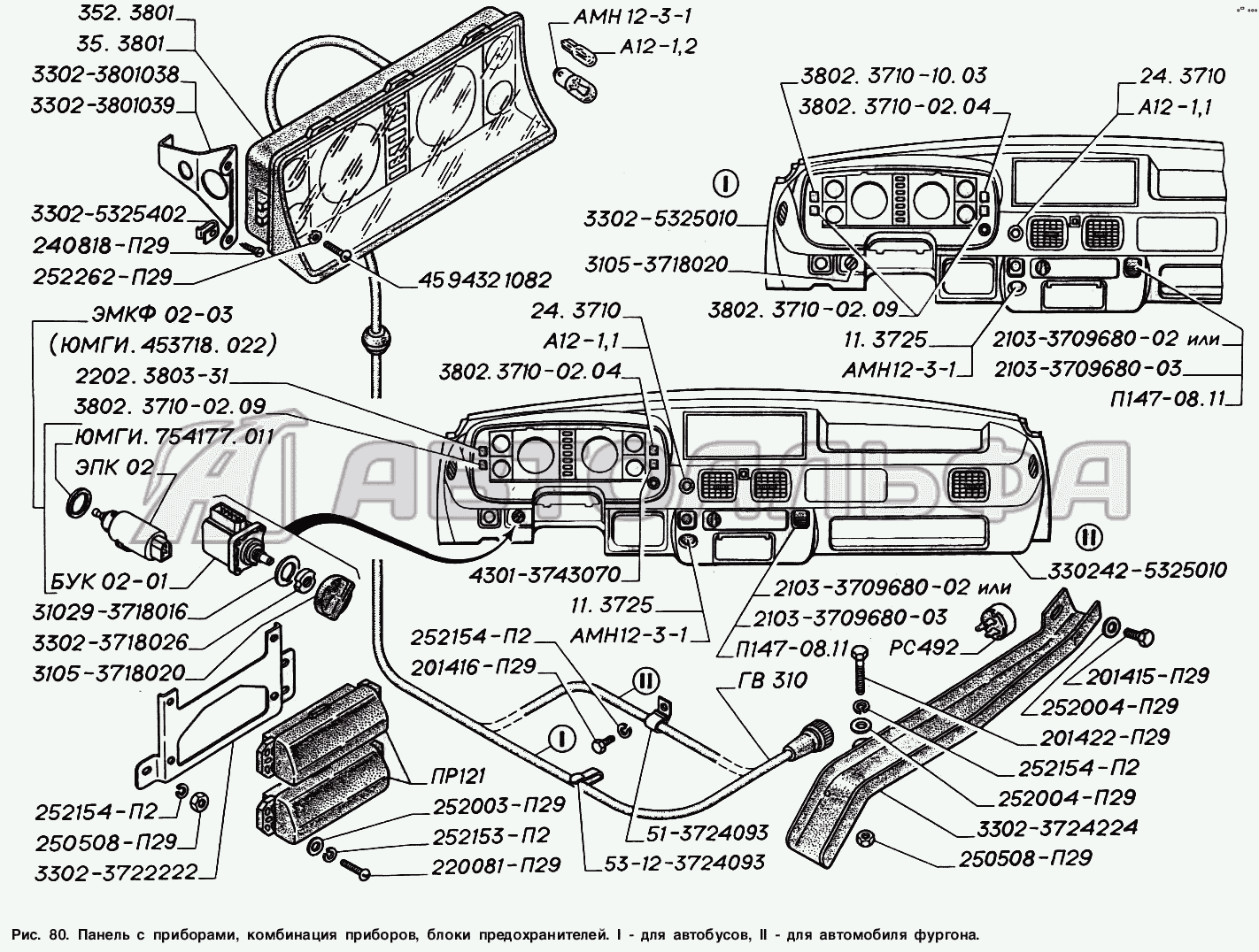Запчасти на панель с приборами, комбинация приборов, блоки предохранителей:  I - для автобусов, II - для автомобиля-фургона ГАЗ 2217 (Соболь)