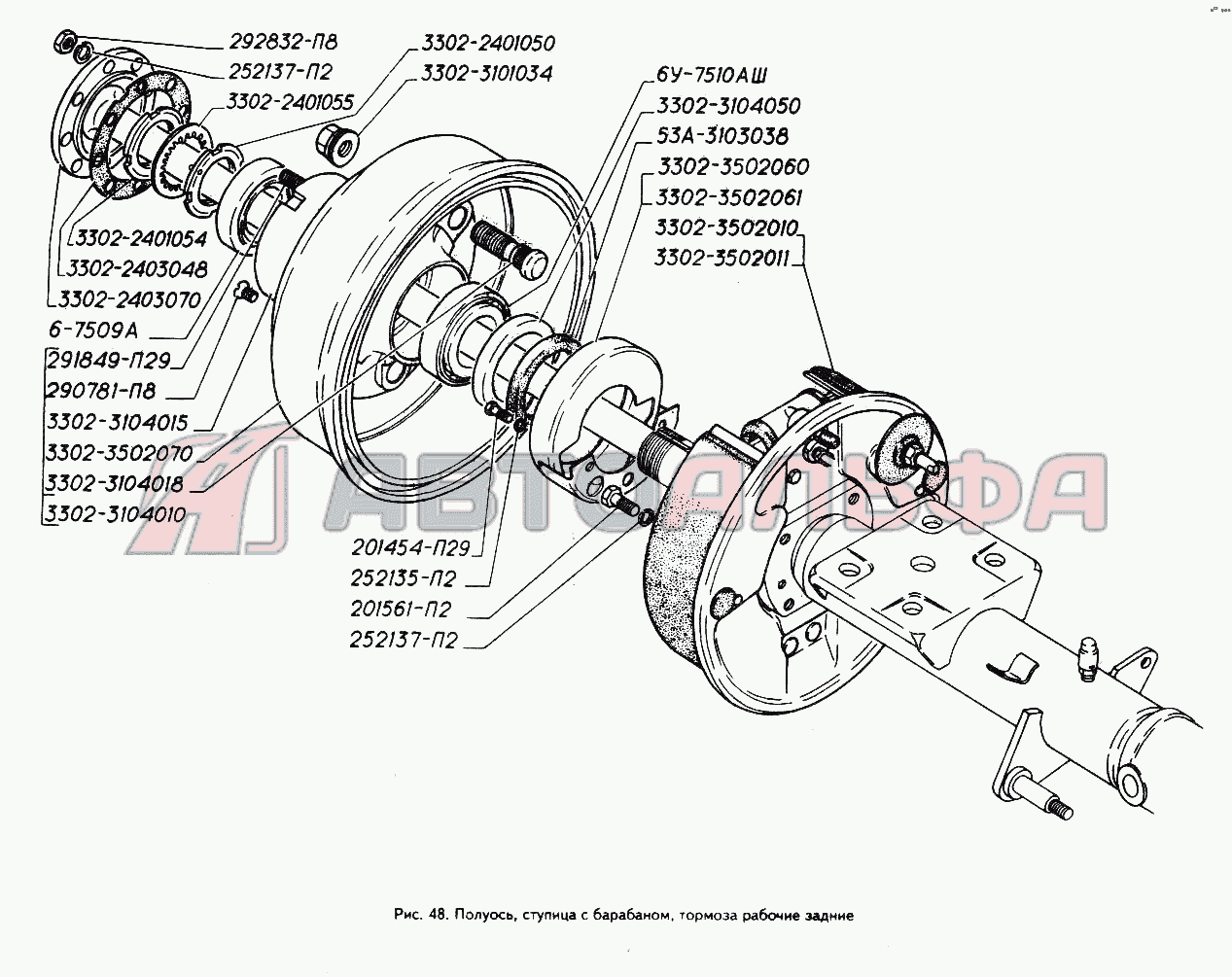 Запчасти на полуось, ступица с барабаном, тормоза рабочие задние ГАЗ 3302  (ГАЗель)