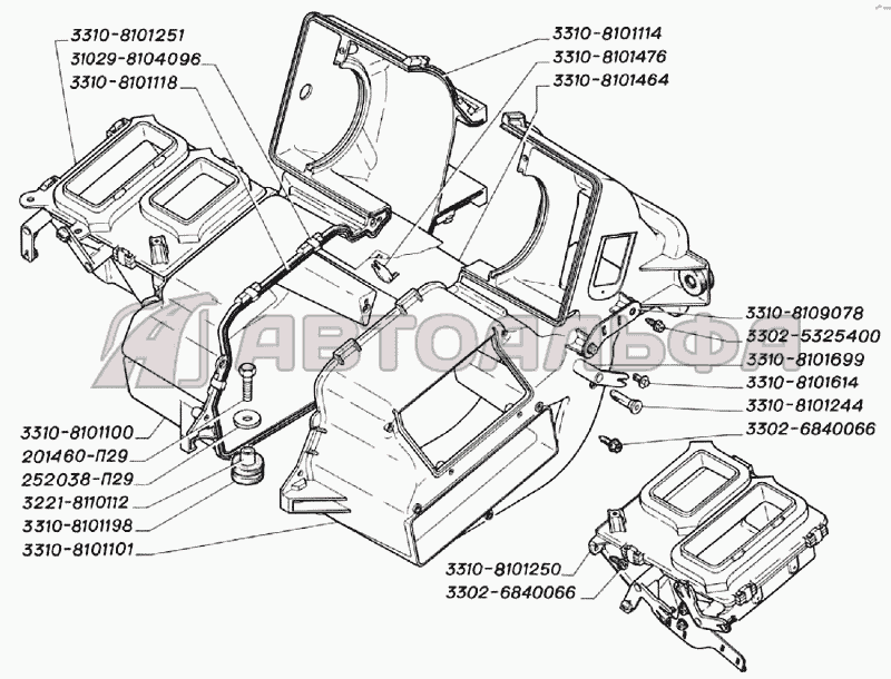 Детали корпуса отопителя (для автомобилей выпуска с 2003 г.) ГАЗ-3302