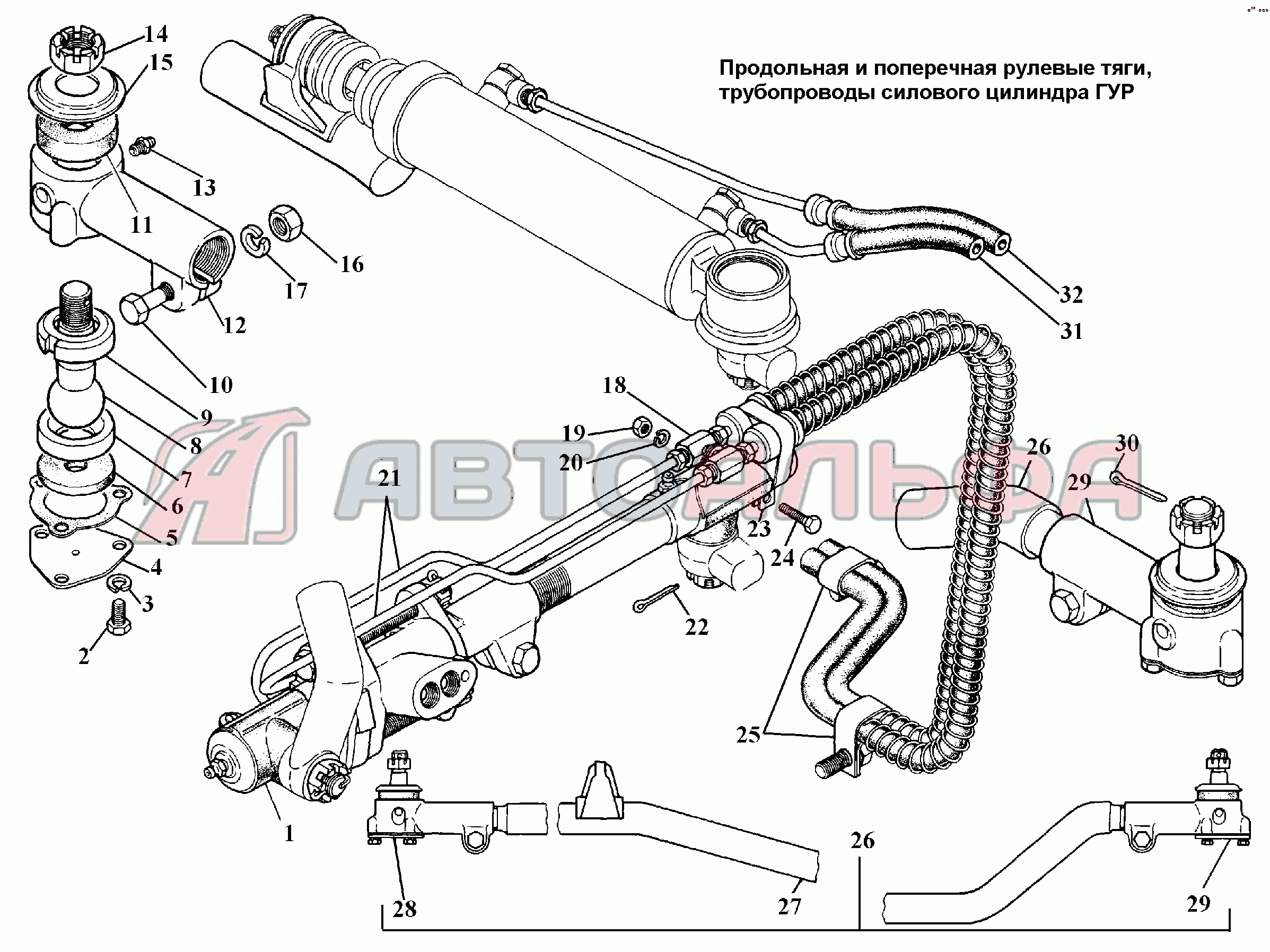 Рулевые тяги, трубопроводы силового цилиндра ГУР ГАЗ 3308, каталог 2002 г.