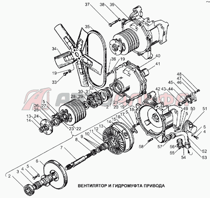 Вентилятор и гидромуфта привода Двигатель ЯМЗ-240, каталог 2000 г.