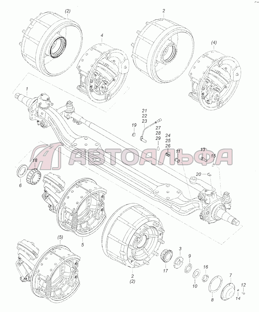 Запчасти на 65115-3000012-13 Ось передняя с тормозами КАМАЗ-65115, 65116  (Евро-4)