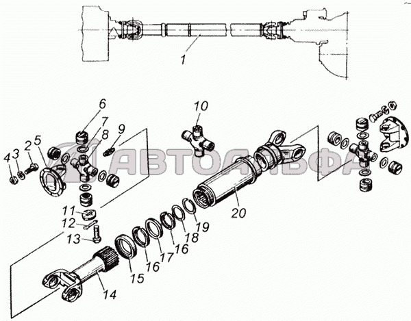 Вал карданный среднего моста с карданами в сборе КАМАЗ-65115, каталог 2001 г.