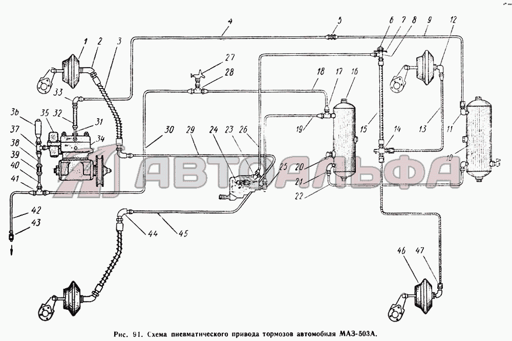 Схема пневматического привода тормозов автомобиля МАЗ-503А МАЗ 503А