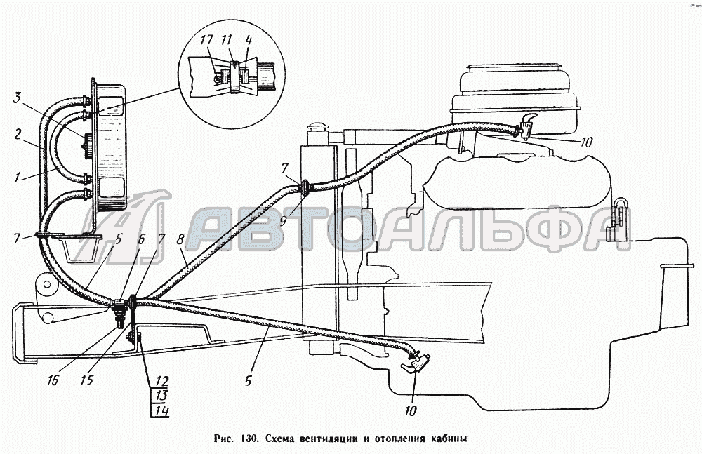 Схема вентиляции и отопления кабины МАЗ 504А