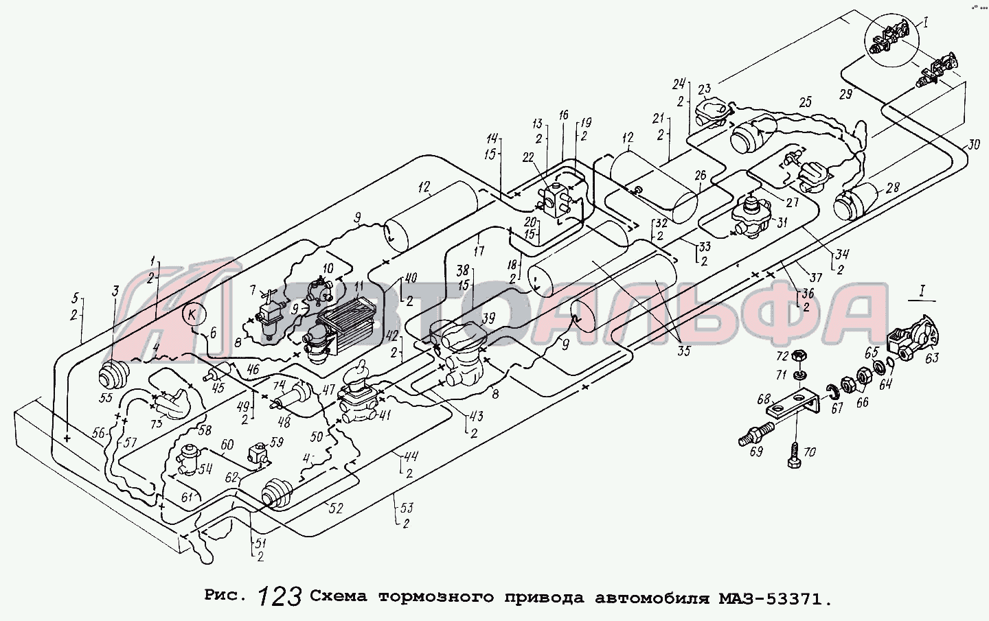 Запчасти на Схема тормозного привода автомобиля МАЗ-53371 МАЗ-53371 —  купить по выгодной цене в г. Набережные Челны