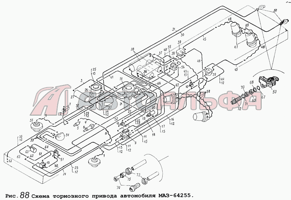 Схема тормозного привода автомобиля МАЗ-64255 МАЗ-5434