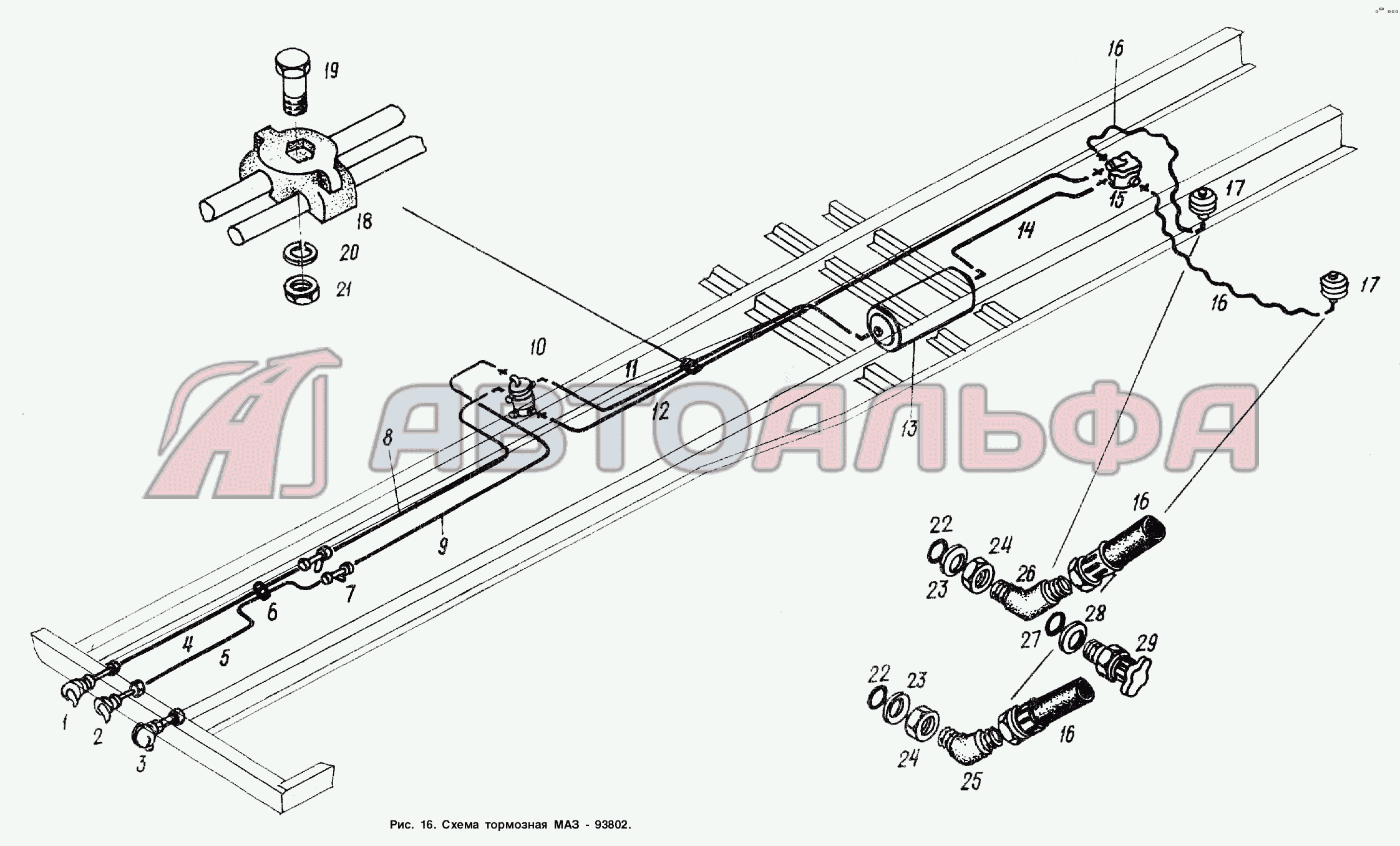 МАЗ СХЕМА ПНЕВМАТИЧЕСКОГО ПРИВОДА ТОРМОЗОВ АВТОМОБИЛЕЙ МАЗ-500А И МАЗ-504А