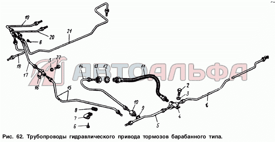 Трубопроводы гидравлического привода тормоза барабанного типа АЗЛК Москвич-2140