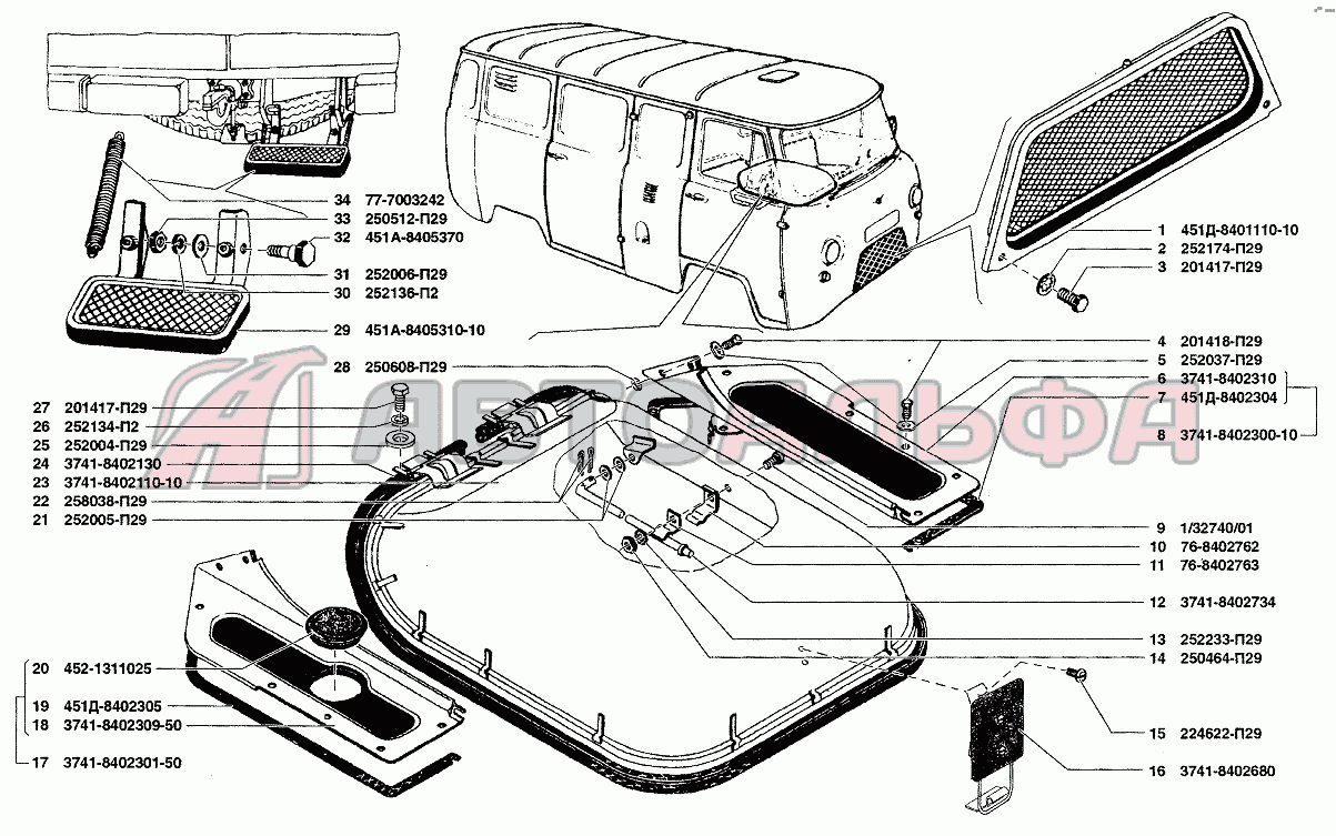 Облицовка радиатора, капот и подножка УАЗ 37419