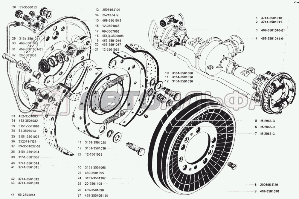 Тормоза рабочие передние и тормозные барабаны УАЗ 3741, каталог 2002 г.