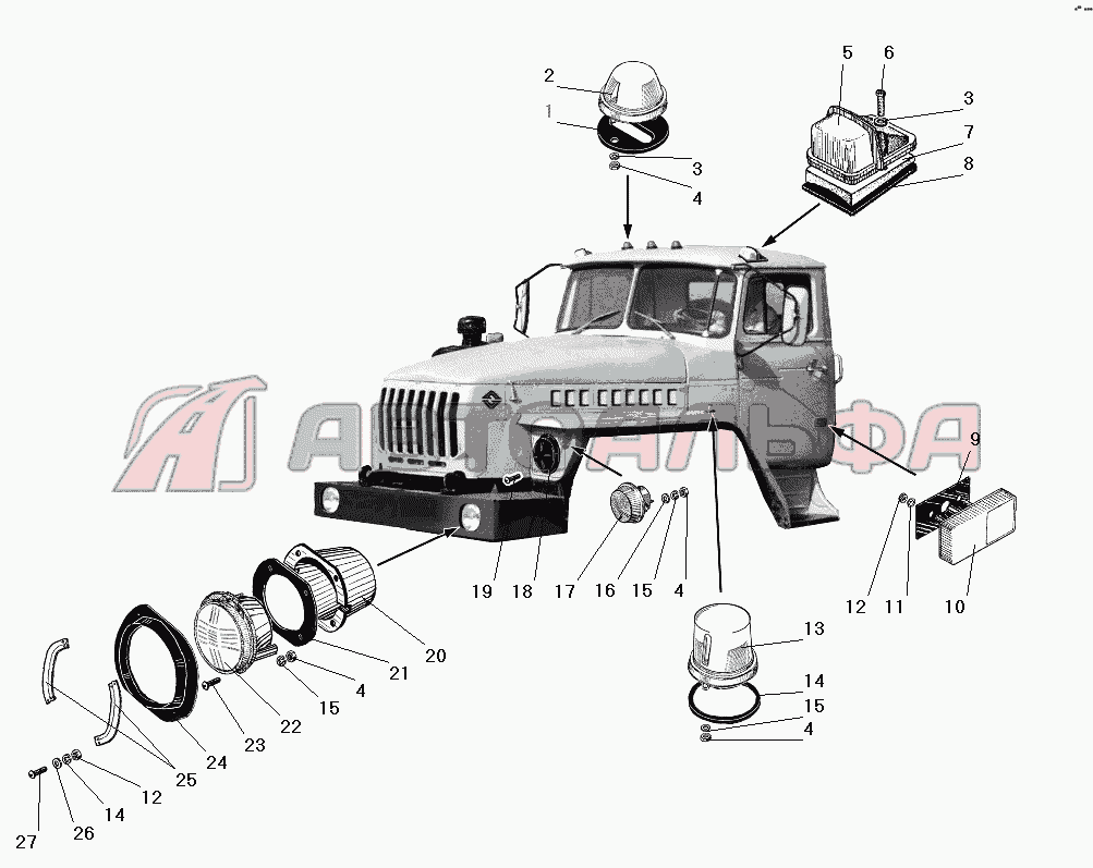 Запчасти на установка фар, фонарей знака автопоезда, передних, габаритных и  боковых повторителей УРАЛ 4320-31