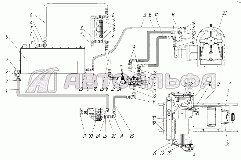 Монтажная схема гидропривода лебедки для автомобилей Урал 542301-17-10 УРАЛ 532361