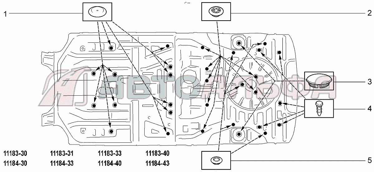 Схема установки заглушек LADA Kalina 1118, каталог 2008 г.