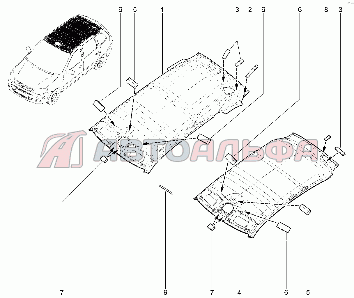 Обивка крыши (хэтчбек,универсал) LADA GRANTA FL CROSS, каталог 2020 г.