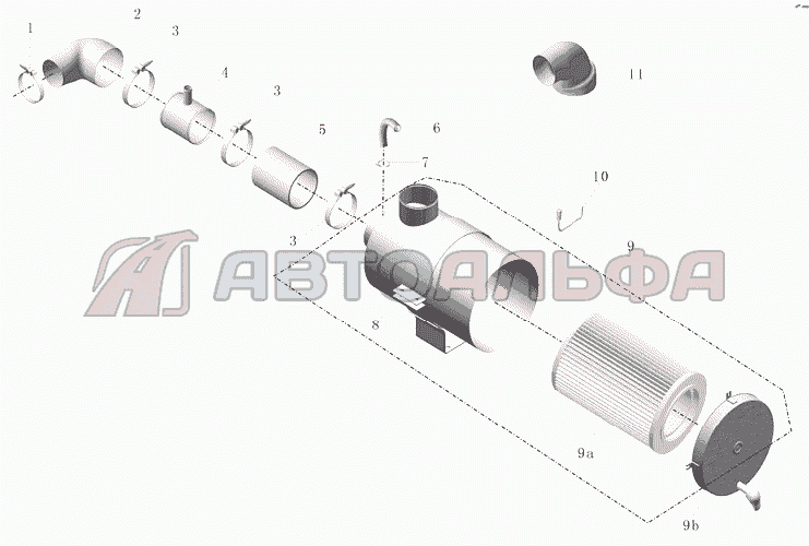 Схема монтажа воздушного фильтра и впускного трубопровода (ISDE185-41) PD30-1109-03 Yutong ZK6852HG