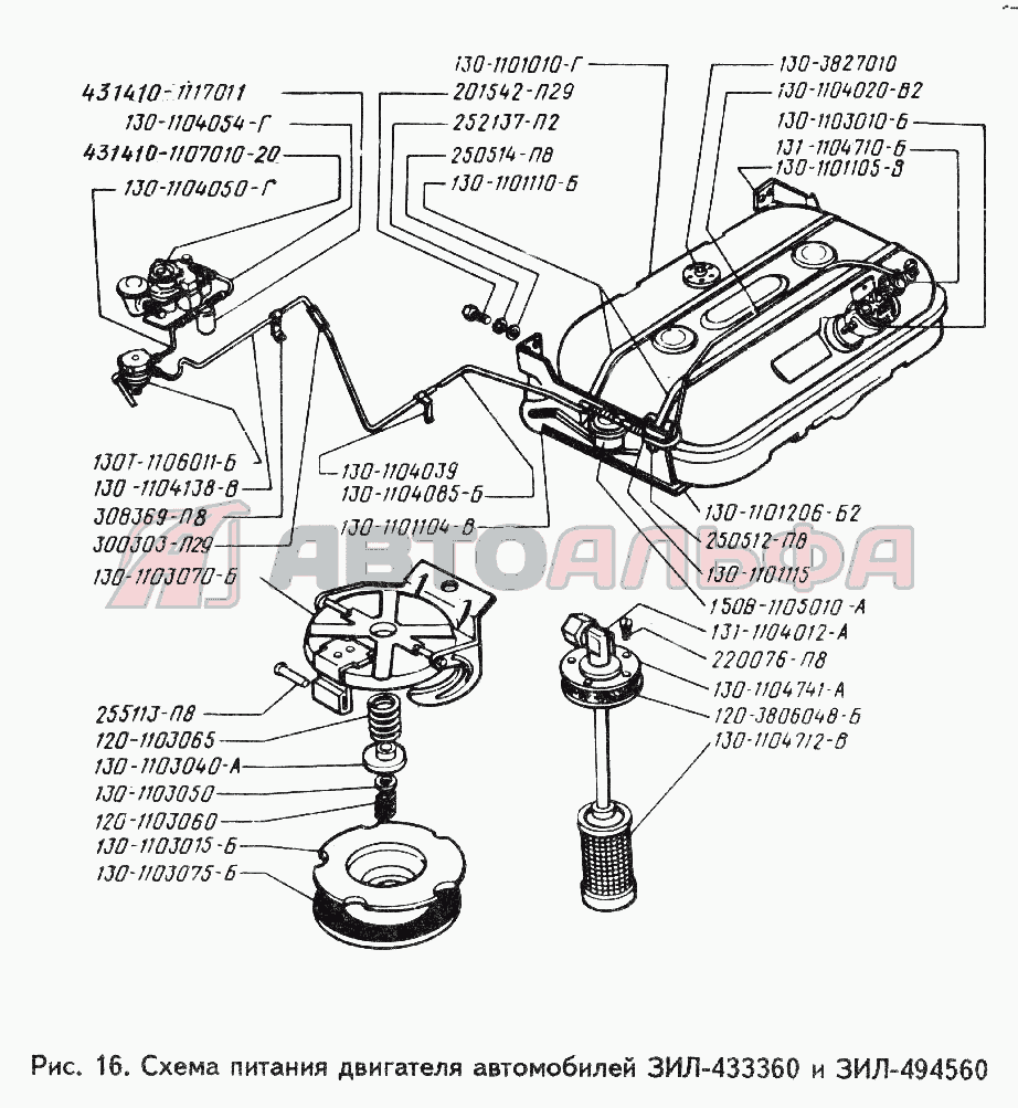 Запчасти на схема питания двигателя автомобилей ЗИЛ-433360 и ЗИЛ-494560 ЗИЛ  442160