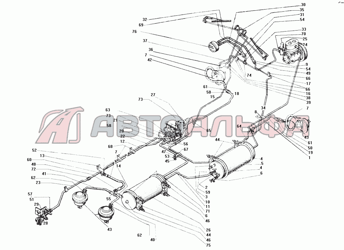 Схема пневматической системы автомобиля ЗИЛ-131. Чертеж №89